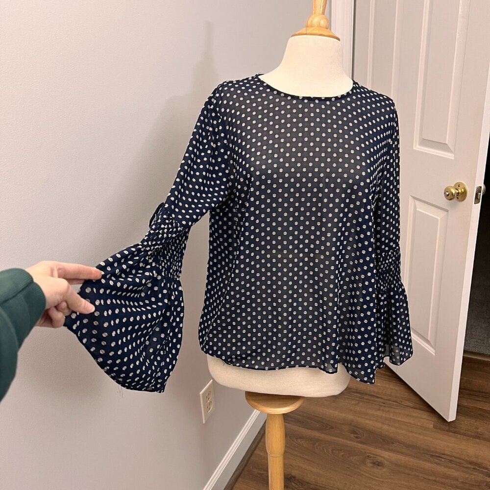Current Air Sheer Navy and Cream Dot Pattern Blouse Sz L